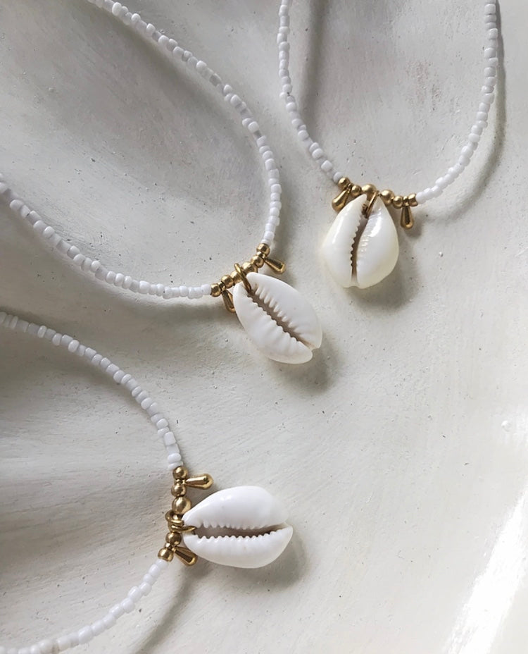 White Bead Cowrie Necklace
