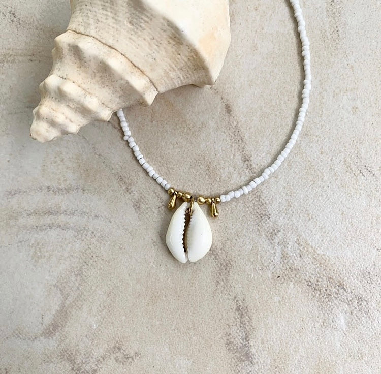 White Bead Cowrie Necklace