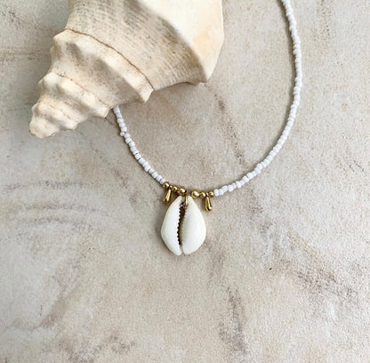 White Bead Cowrie Necklace